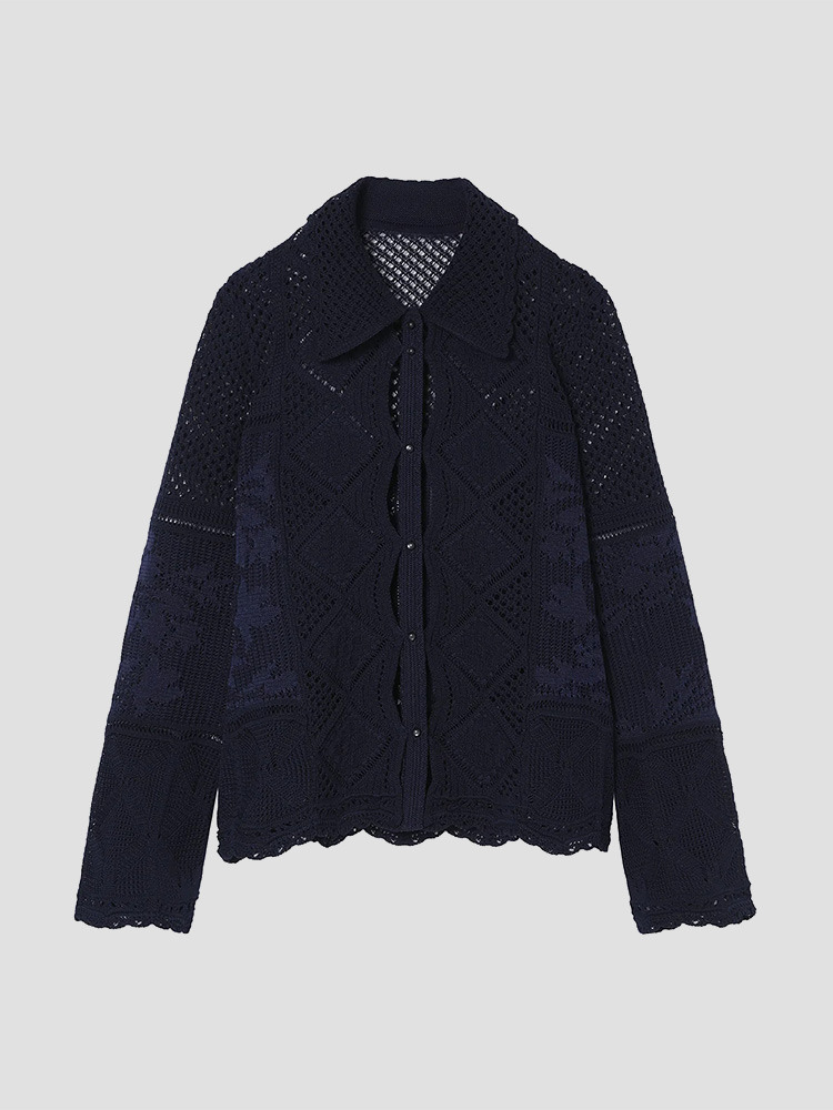 NAVY LACE KNIT CARDIGAN  마메 쿠로구치 네이비 레이스 니트 가디건 - 아데쿠베