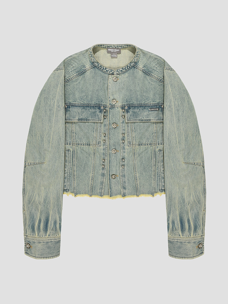 LIGHT BLUE DISTRESSED DENIM JACKET  프라이빗 폴리시 라이트 블루 디스트레스드 데님 자켓 - 아데쿠베