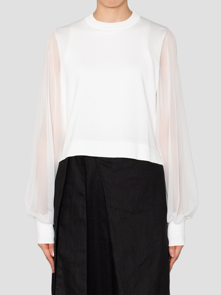 WHITE CROP SHEER SLEEVES PULLOVER  하이크(HYKE) 화이트 크롭 시어 슬리브 풀오버 - 아데쿠베