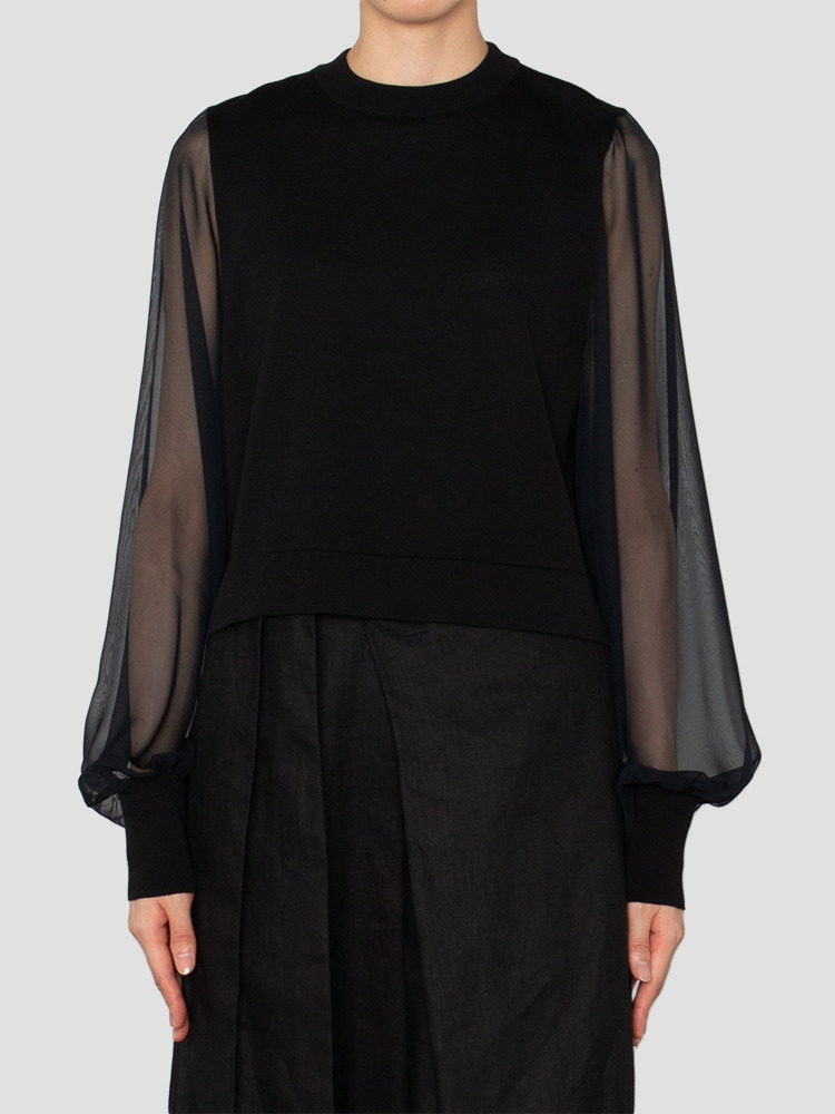 BLACK CROP SHEER SLEEVES PULLOVER  하이크(HYKE) 블랙 크롭 시어 슬리브 풀오버 - 아데쿠베