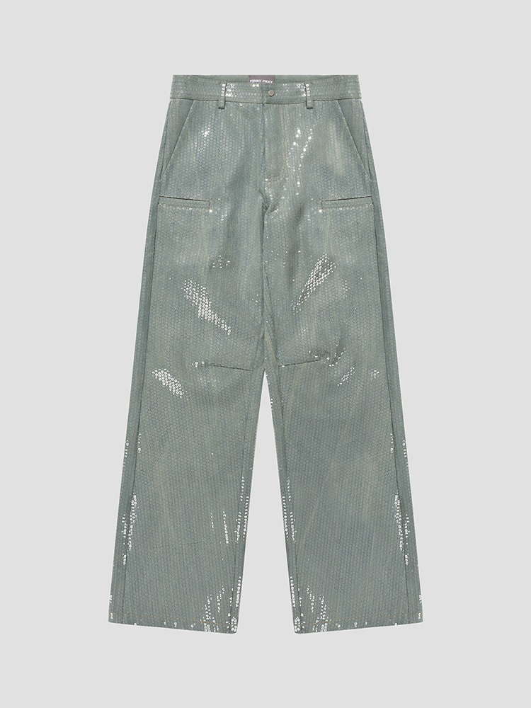 LIGHT BLUE SEQUIN DENIM TROUSERS  프라이빗 폴리시 라이트 블루 세퀸 데님 트라우저 - 아데쿠베