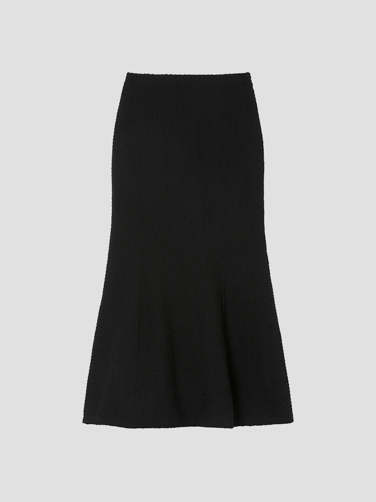 BLACK SHIRRING JACQUARD FLARE SKIRT  마메 쿠로구치 블랙 시어링 자카드 플레어 스커트 - 아데쿠베