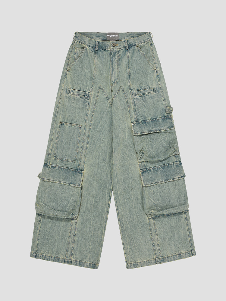 LIGHT BLUE WIDE LEG PUFFY POCKET DENIM PANTS  프라이빗 폴리시 라이트 블루 와이드 레그 퍼피 포켓 데님 팬츠 - 아데쿠베