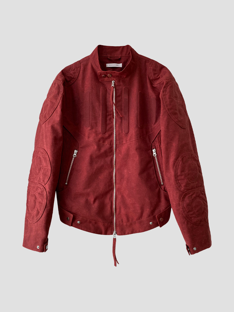 RED WAXED EMBOSSING BIKER JACKET  준태 킴 레드 왁스 엠보싱 바이커 자켓 - 아데쿠베