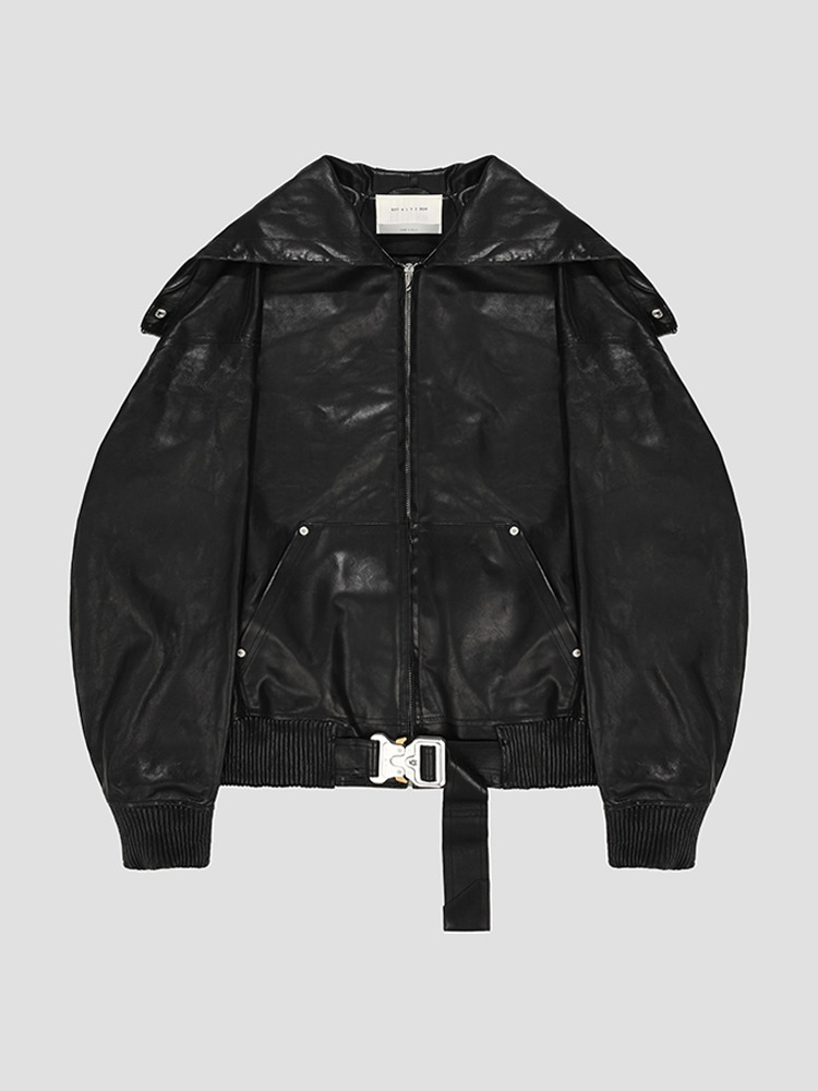 BLACK LEATHER BELTED BUCKLE HOODIE JACKET  알릭스 블랙 레더 벨트 버클 후디 자켓 - 아데쿠베