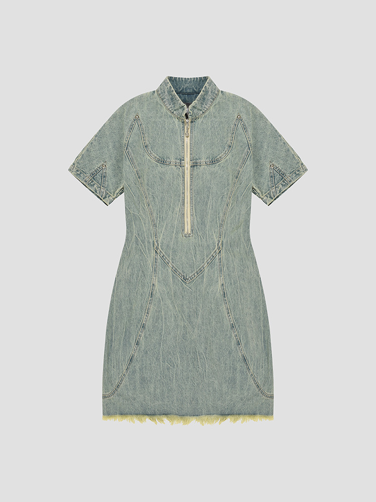 LIGHT BLUE SCUBA DISTRESSED DENIM DRESS  프라이빗 폴리시 라이트 블루 스쿠바 디스트레스드 데님 드레스 - 아데쿠베