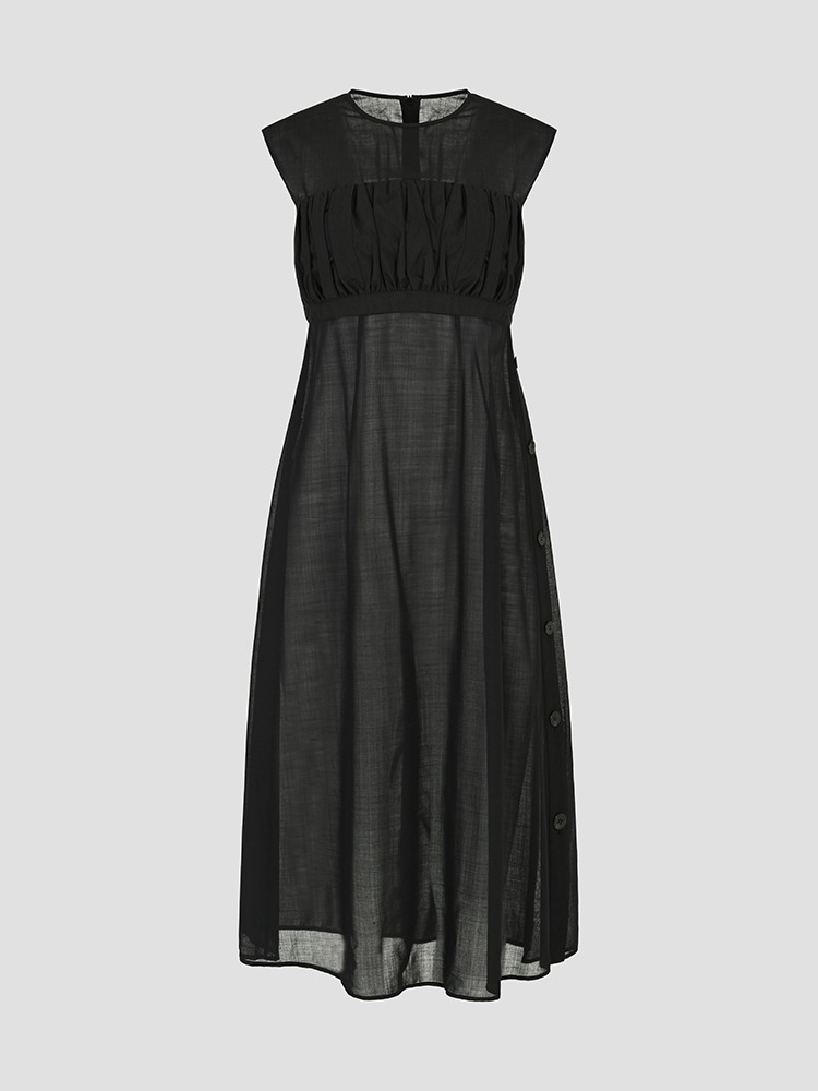 BLACK BLACK AURORA GATHERED PANEL LONG DRESS  아키라 나카 블랙 오로라 게더드 판넬 롱 드레스 - 아데쿠베