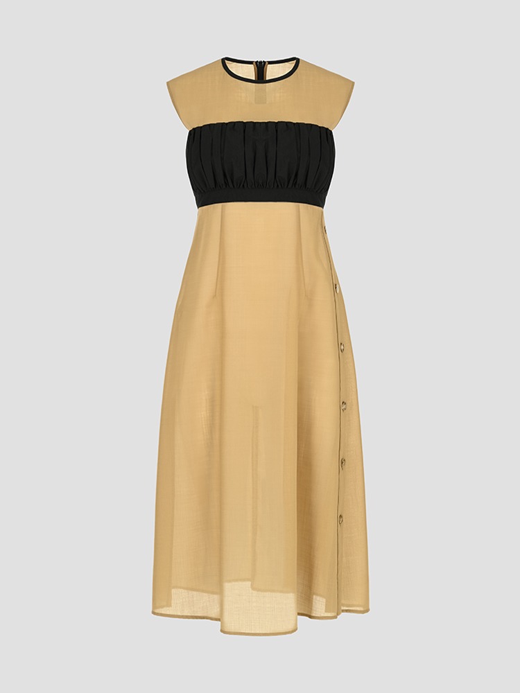 BEIGE BLACK AURORA GATHERED PANEL LONG DRESS  아키라 나카 베이지 블랙 오로라 게더드 판넬 롱 드레스 - 아데쿠베