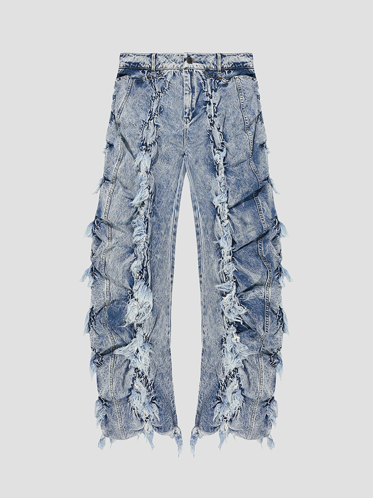 LIGHT BLUE “NERVE” SMOCKED DENIM TROUSERS  폰더럴 라이트 블루 스모크 데님 트라우저 - 아데쿠베