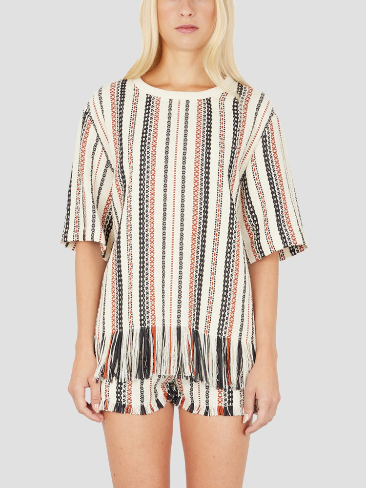 ETHNIC STRIPES OVERSIZED FRAYED T-SHIRT  벤자민 벤모얄 에스닉 스트라이프 오버사이즈 티셔츠 - 아데쿠베