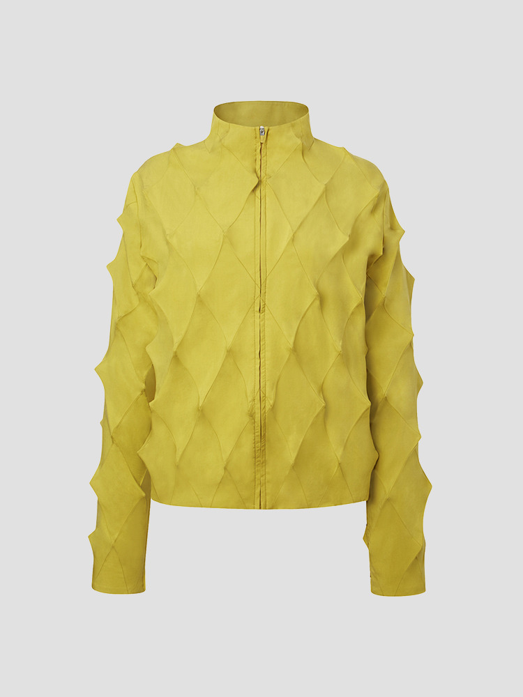 MUSTARD 3D GRID PATCHWORK JACKET  한킴 머스타드 3D 그리드 패치워크 자켓 - 아데쿠베