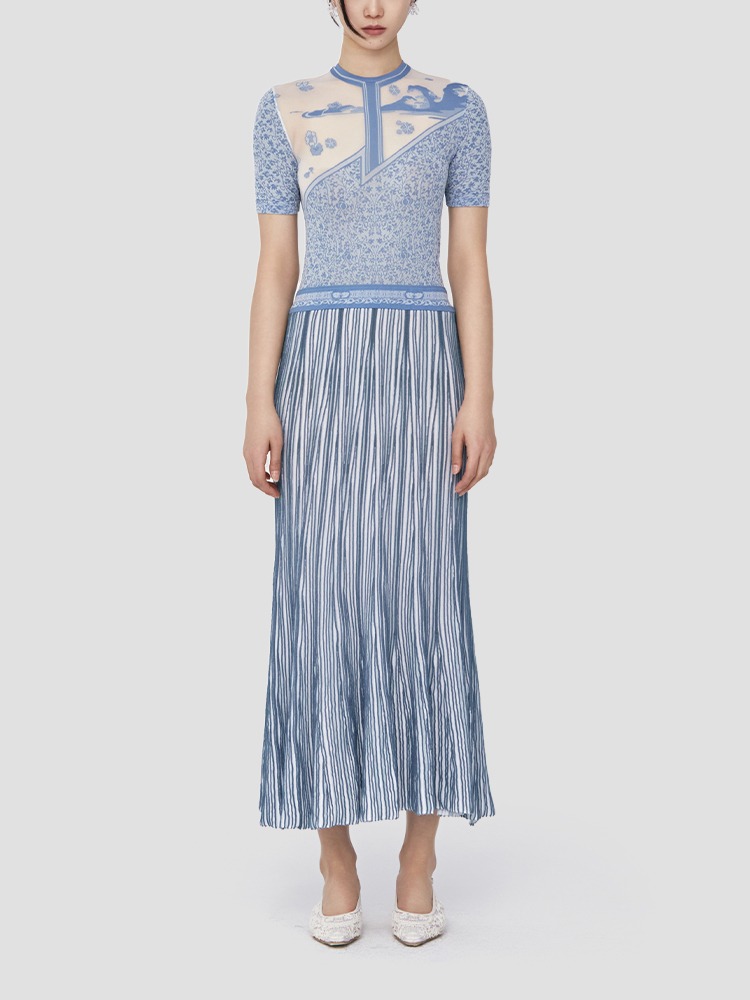 BLUE LANDSCAPE SHEER KNIT DRESS  마메 쿠로구치 블루 랜드스케이프 시어 니트 드레스 - 아데쿠베