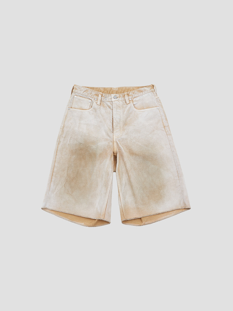 BEIGE BLEACH DENIM SHORTS  산쿠안즈 베이지 블리치 데님 쇼츠 - 아데쿠베