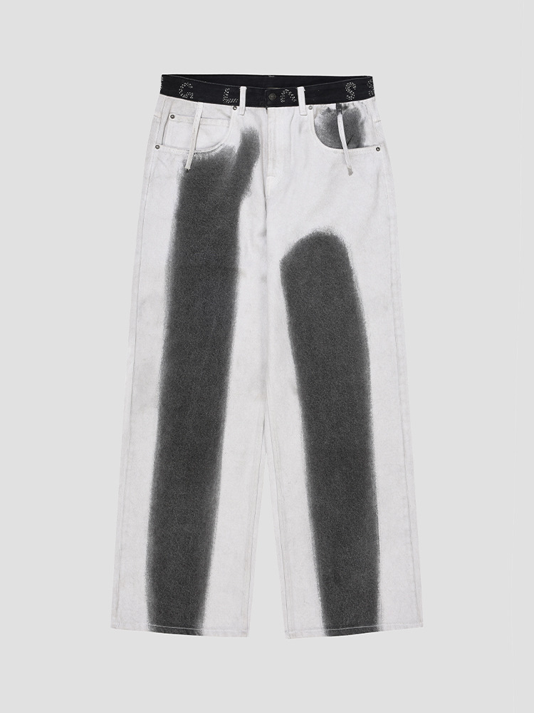 WHITE BLOCK DYE DENIM PANTS  글라스 사이프레스 화이트 블록 다이 데님 팬츠 - 아데쿠베