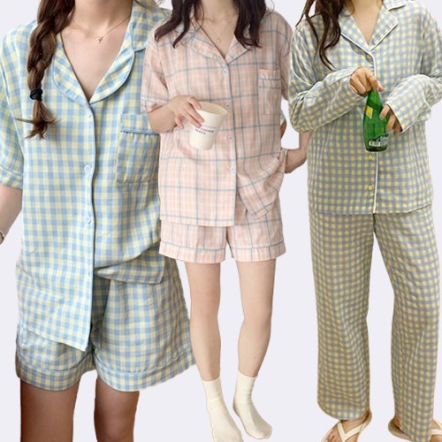 [반팔&긴팔] 핑크블루 체크셔츠+팬츠 파자마 잠옷 상하세트