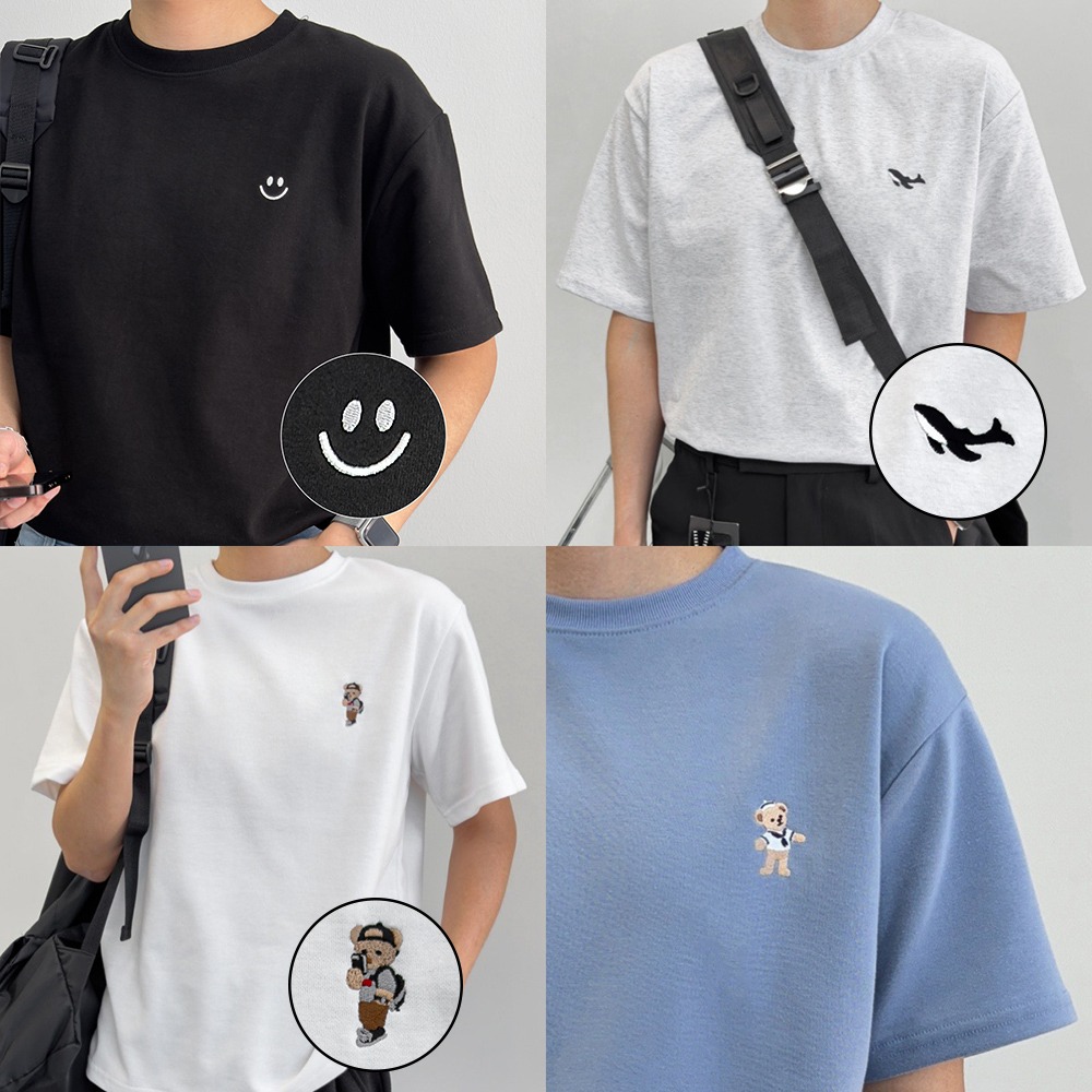 [1+1] 4종 심플 로고 자수 오버핏 반팔 티셔츠