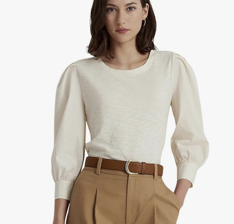 LAUREN Ralph Lauren  Jersey &amp; Poplin Puff-Sleeve Top