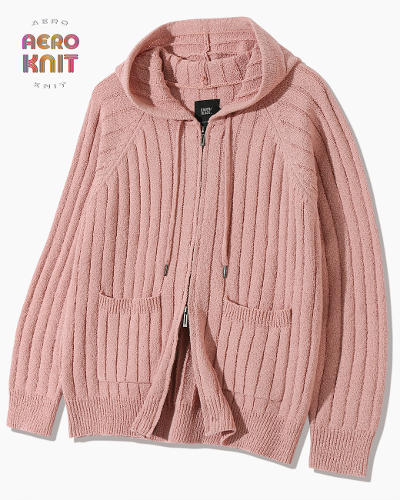 2WAY STRIPE BOUCLE KNIT HOODY ZIP-UP_PINK