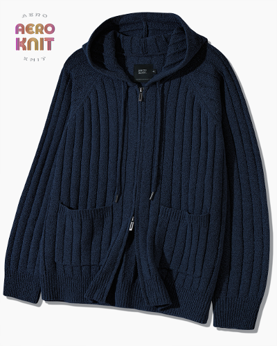 2WAY STRIPE BOUCLE KNIT HOODY ZIP-UP_NAVY