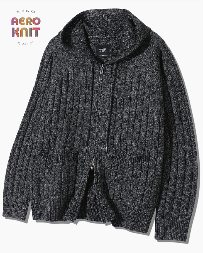 2WAY STRIPE BOUCLE KNIT HOODY ZIP-UP_CHACOAL GRAY