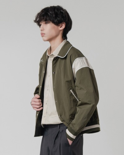 NYLON LINE VARSITY JACKET_OLIVE