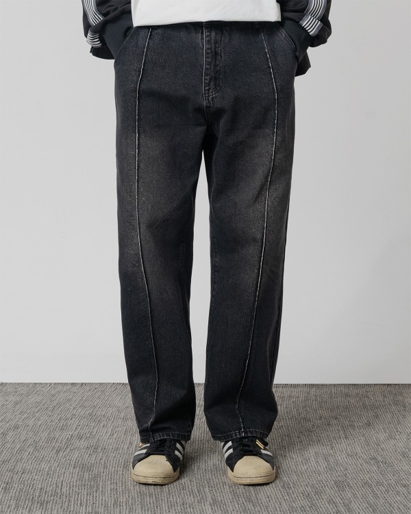 OVERSIZED PIN TUCK WASHING DENIM PANTS_BLACK