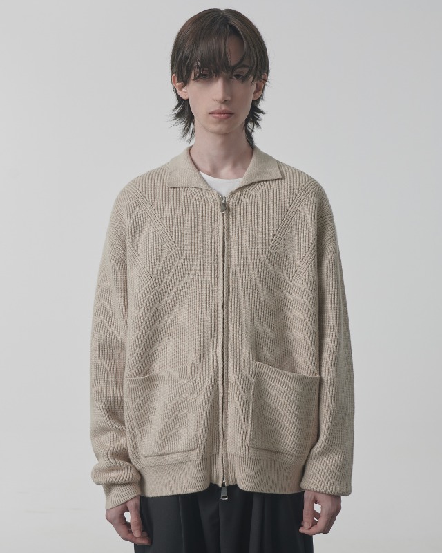 2WAY HEAVY WEIGHT WAVE COLLAR KNIT ZIP-UP_OATMEAL