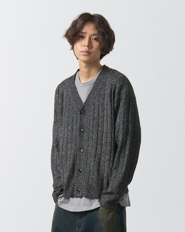 STRIPE BOUCLE KNIT CARDIGAN_CHACOAL GRAY