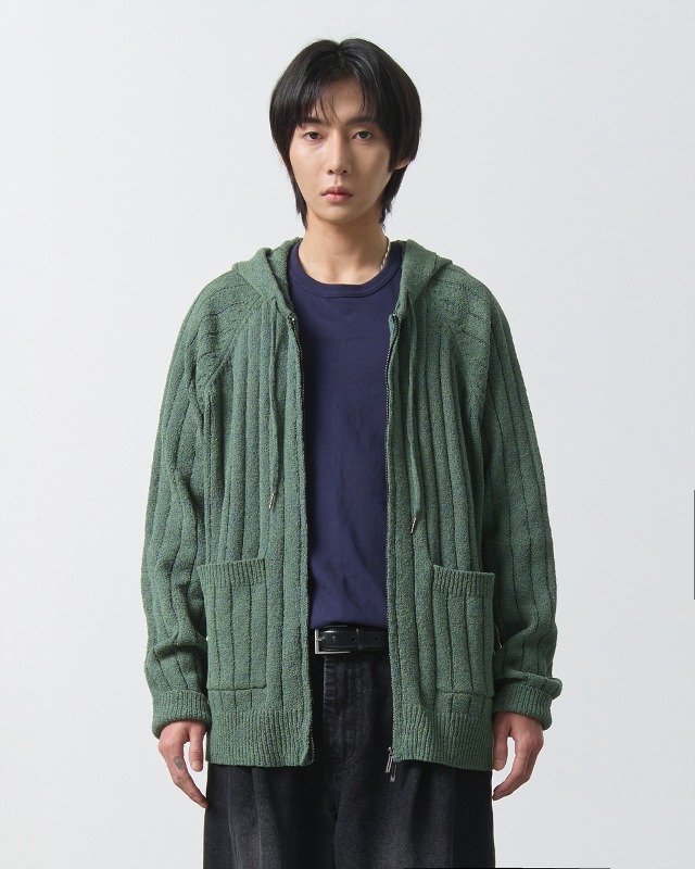 2WAY STRIPE BOUCLE KNIT HOODY ZIP-UP_GREEN