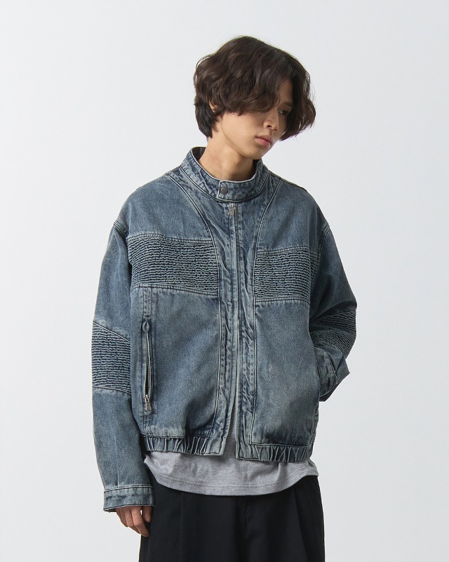 (VLAD) WASHED DENIM BIKER JACKET_BLUE GRAY