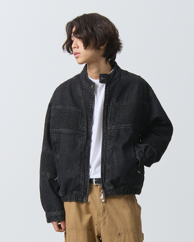 (VLAD) WASHED DENIM BIKER JACKET_BLACK