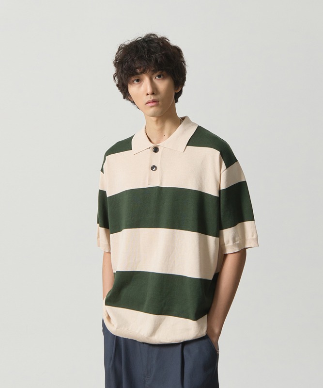 (ASI) STRIPE RUGBY HALF KNIT_OATMEAL&amp;GREEN