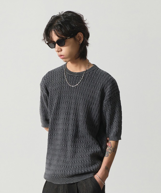 (VLAD) WASHED CABLE ROUND NECK HALF KNIT_3COLOR