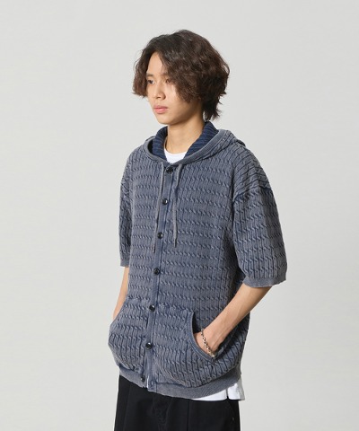 (VLAD) WASHED CABLE HOODIE HALF KNIT_NAVY