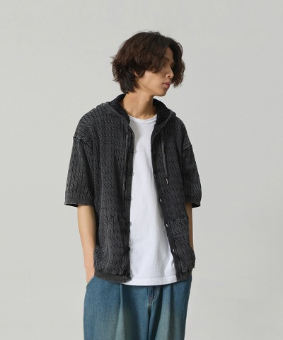 (VLAD) WASHED CABLE HOODIE HALF KNIT_BLACK