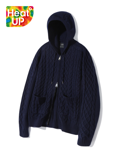 2WAY HEAVY WEIGHT CABLE KNIT HOODY ZIP-UP_NAVY