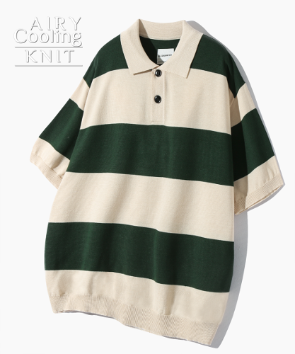 (ASI) STRIPE RUGBY HALF KNIT_OATMEAL&amp;GREEN