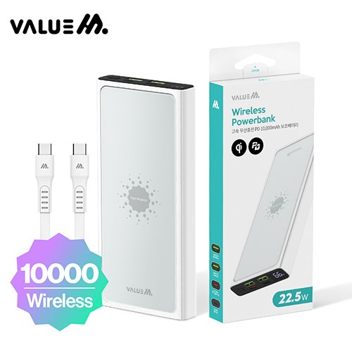 밸류엠 고속 무선충전 PD 22.5W 보조배터리 10000mAh(C to C 0.2M 25W+흡착패트)