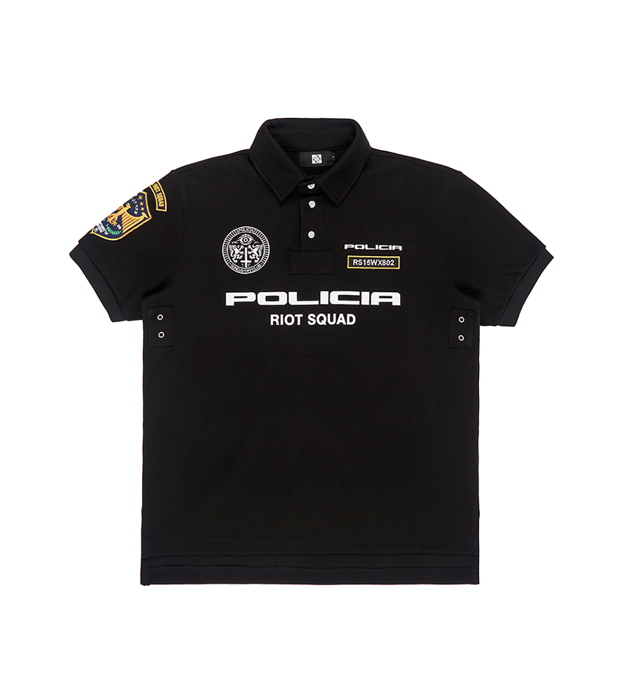 ◆SUNDAYOFFCLUB◆ Policia Embroidered Piqu Polo Shirt Black SUNDAYOFFCLUB