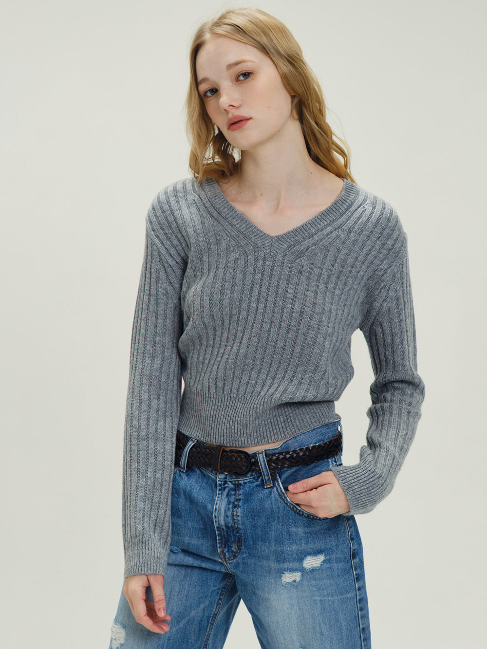 V-Neck Back Button Knit M/Grey