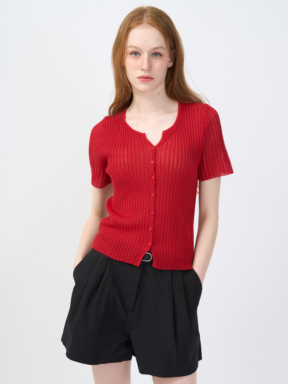 Sheer Rib Half-Sleeve Cardigan Red