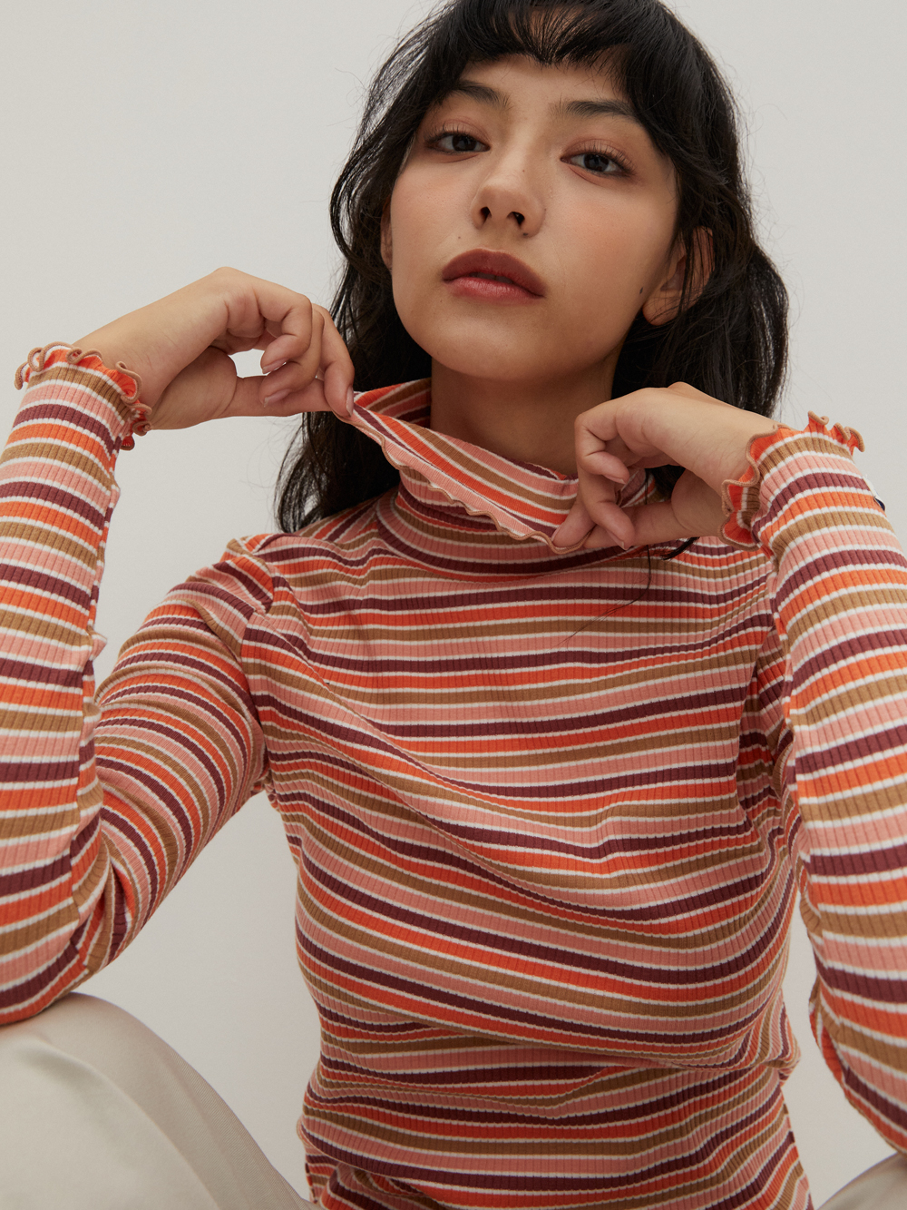 Multi Stripe Turtle Neck T/Shirts Orange