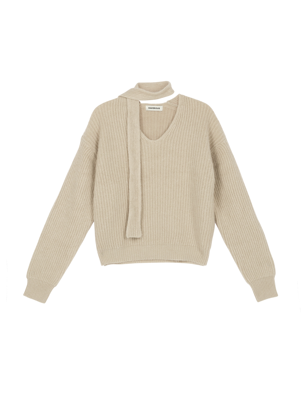 Angora V-Neck Tie Sweater Beige