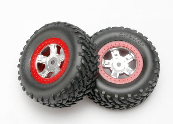 AX7073A Tires and wheels assembled glued (SCT satin chrome wheels red beadlock style SCT off-road racing tires foam inserts)