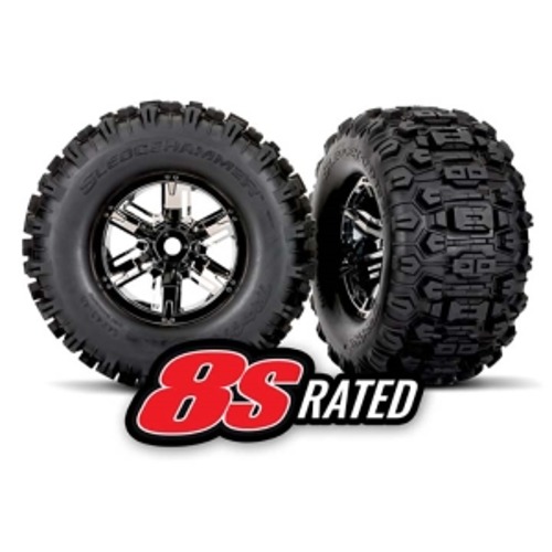 AX7774A Tires/wheels, assembled, glued (X-Maxx black chrome wheels, Sledgehammer tires, foam inserts) (left /right) (2)