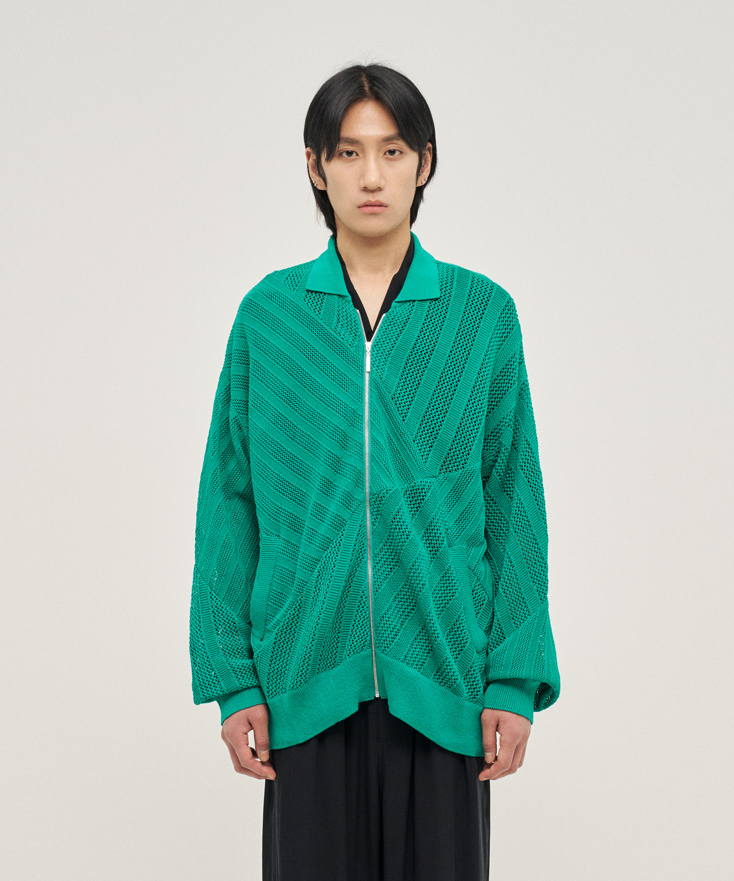 Cotton Mesh Stripe Zip-Up Cardigan (Green)