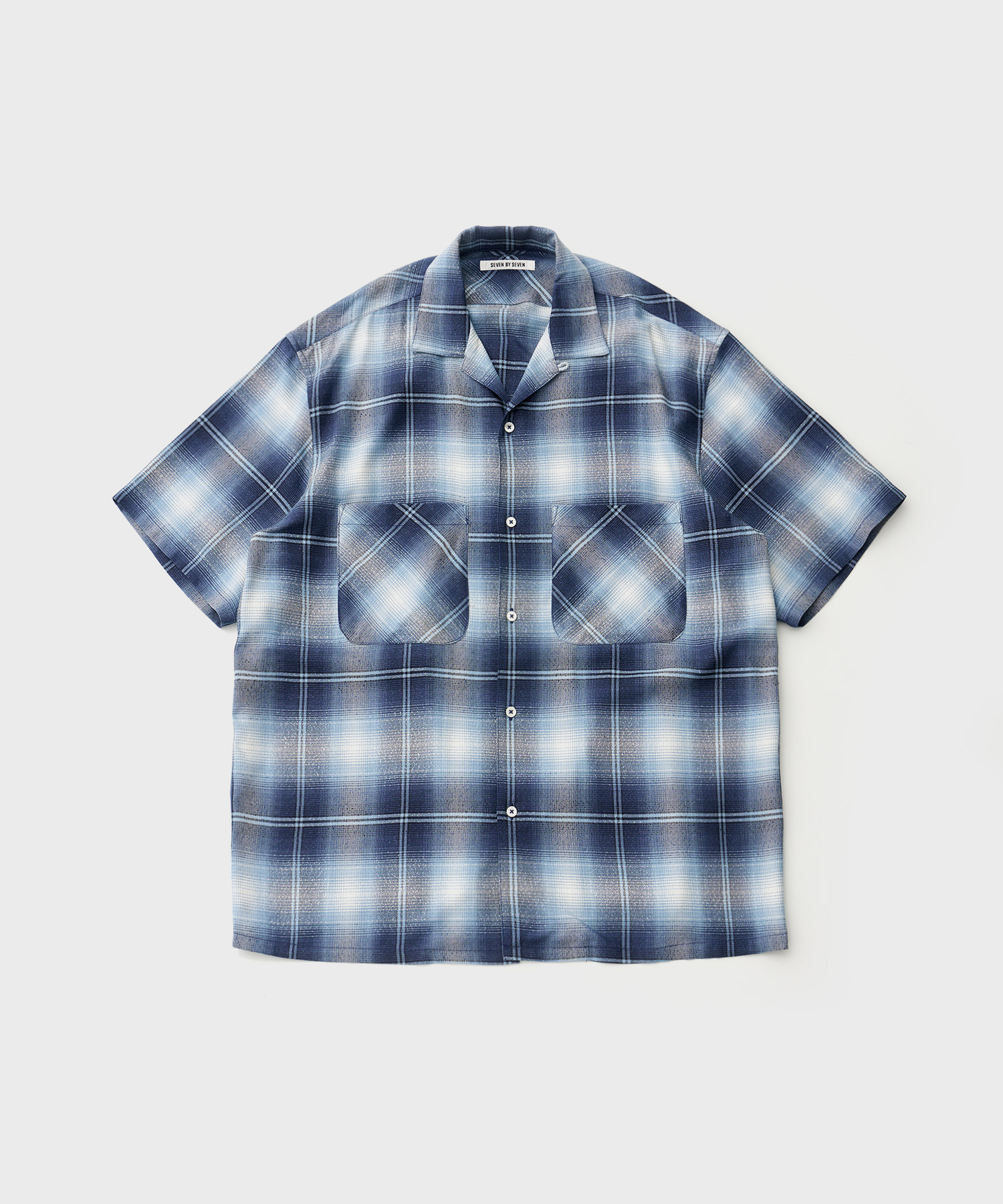 Open Coller Sheer Shirt S/S Modal Boucle Check (Blue)