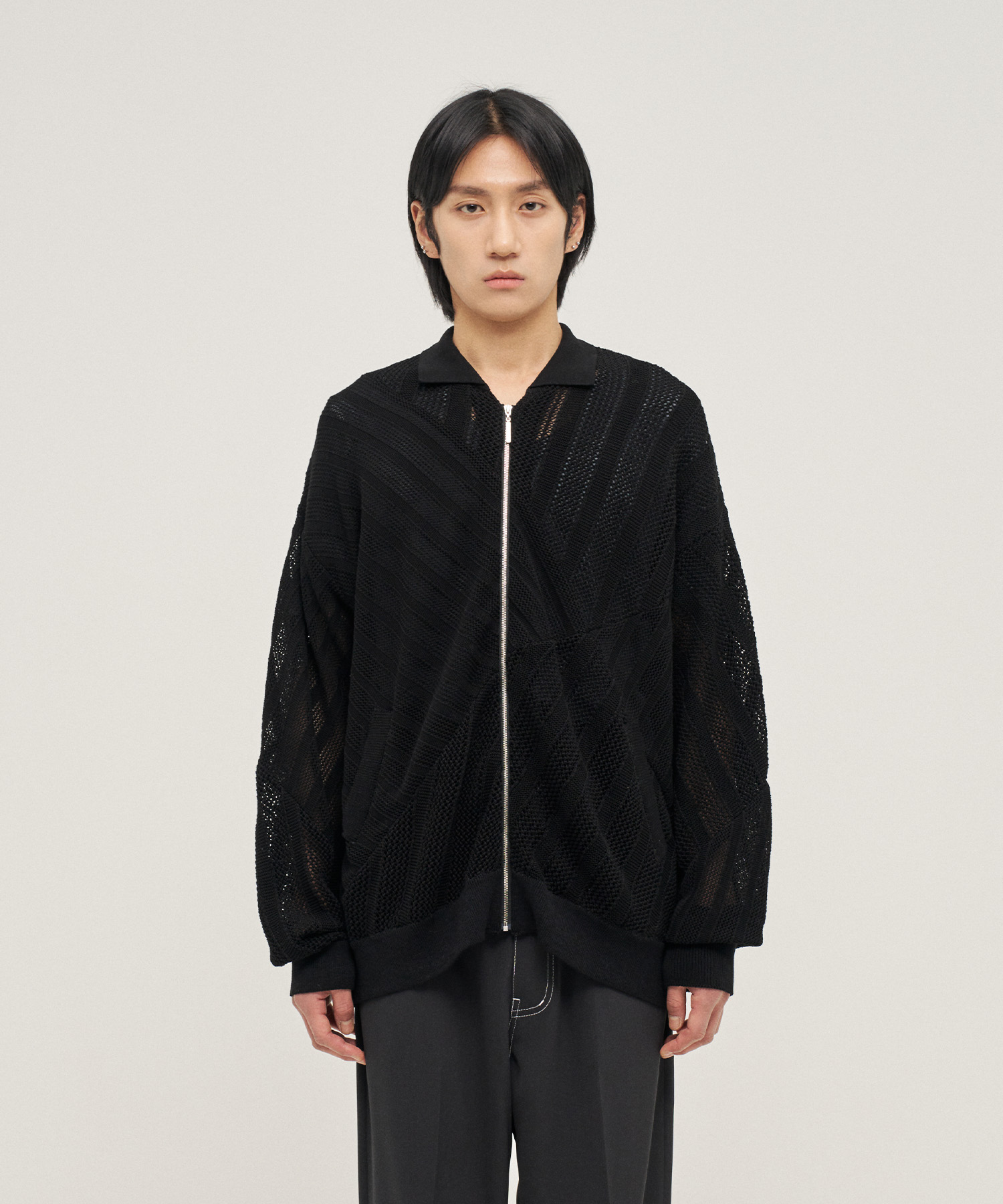 Cotton Mesh Stripe Zip-Up Cardigan (Black)