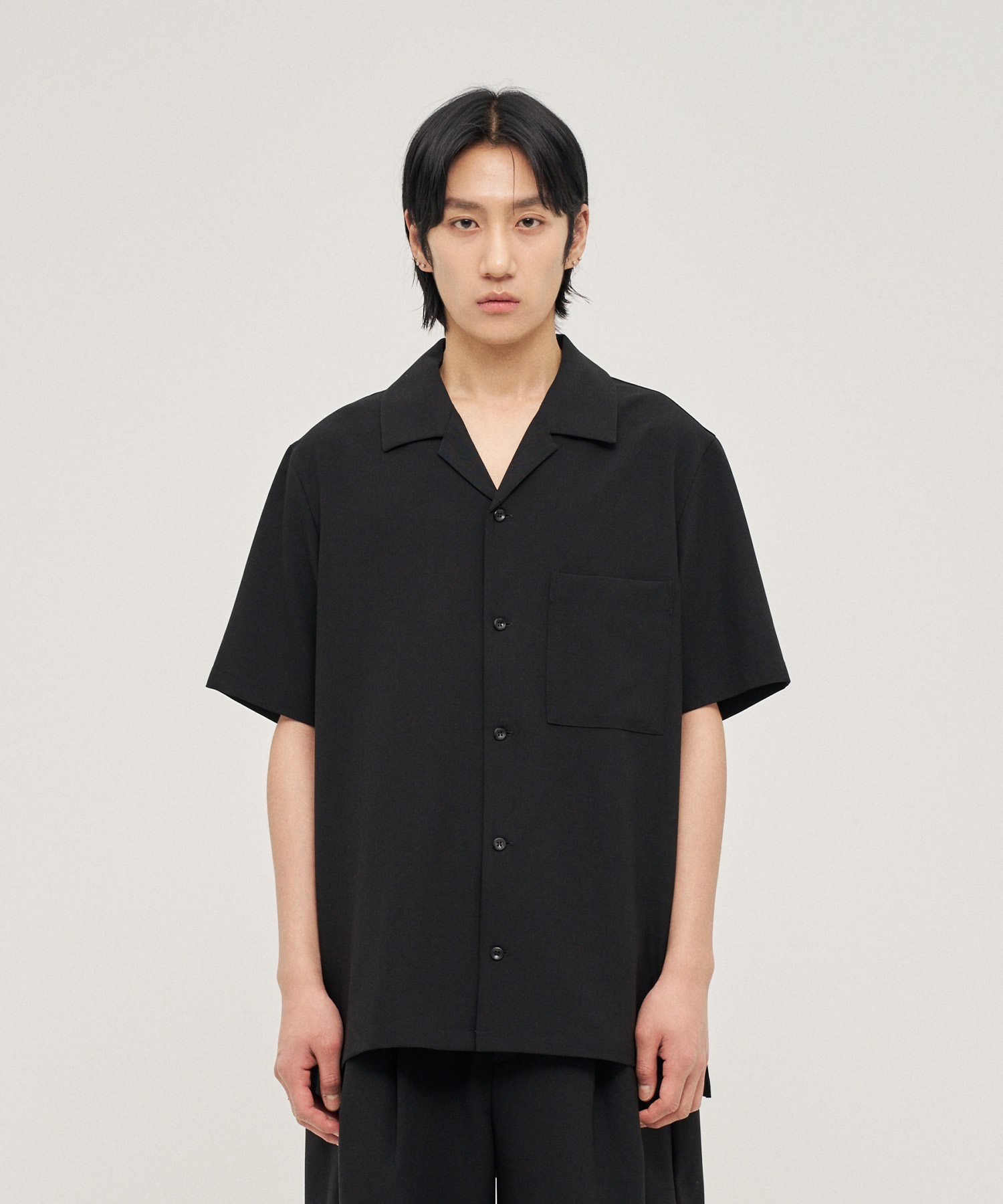 PE Compact Twill Slim Fit Open Collar S/S Shirt (Black)
