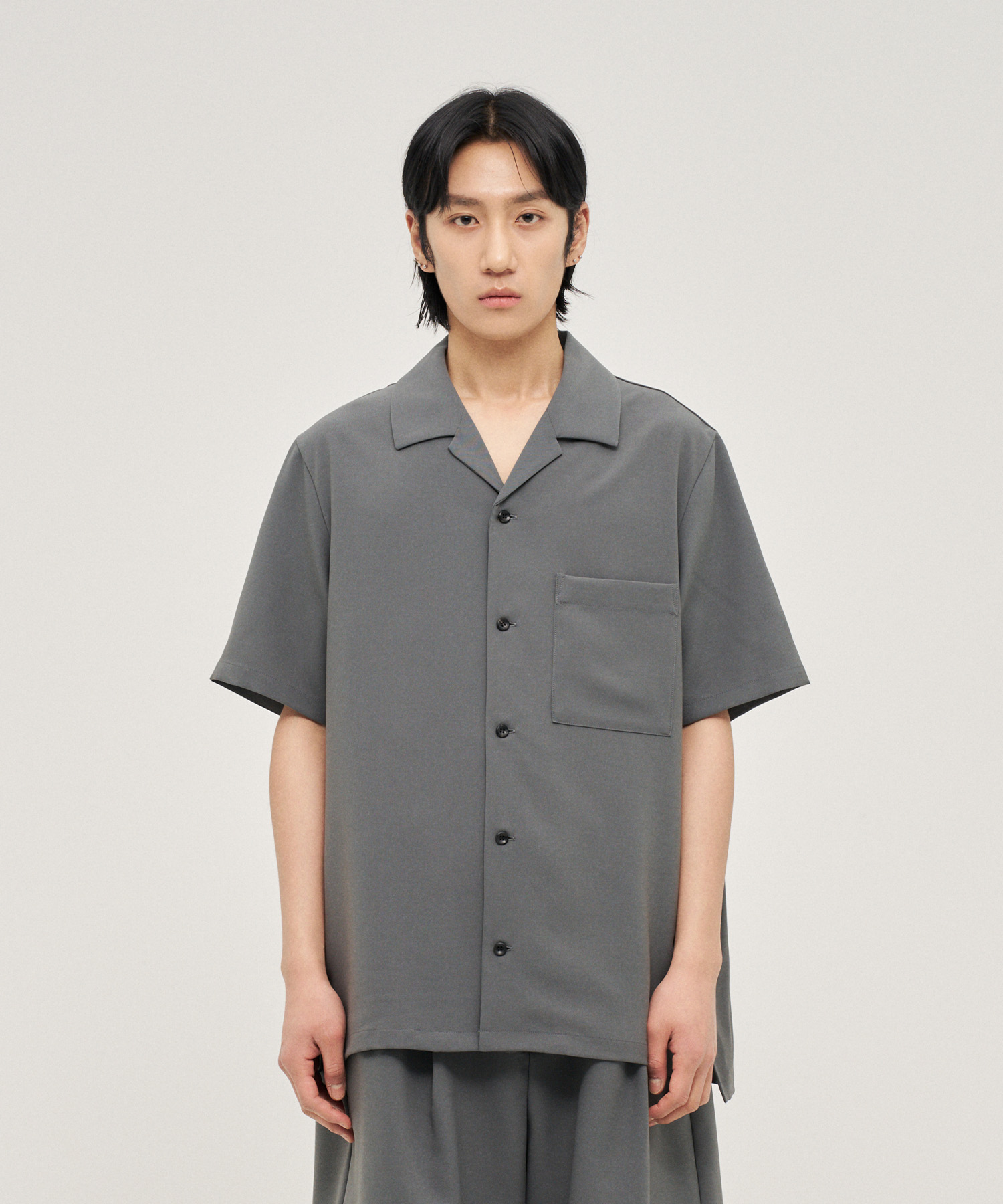 PE Compact Twill Slim Fit Open Collar S/S Shirt (Grey)